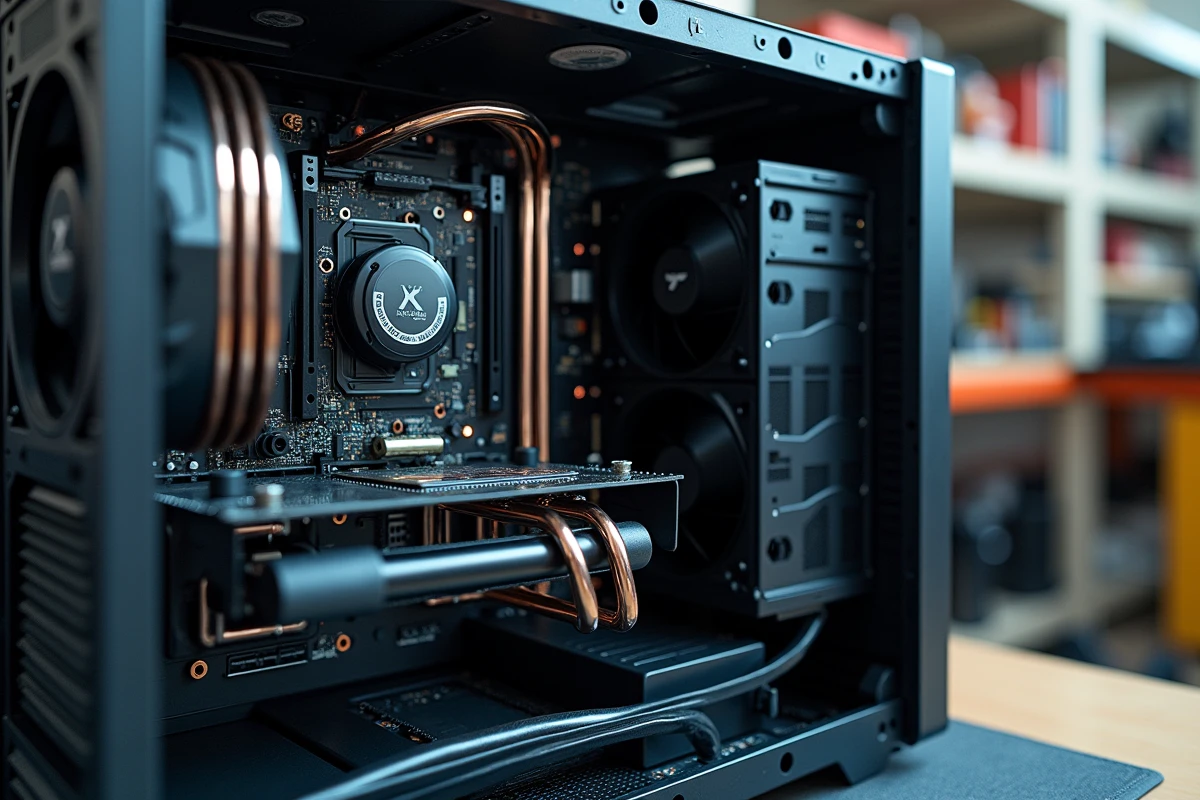 Intérieur d'un PC ultra-performant avec refroidissement liquide personnalisé et composants haut de gamme visibles