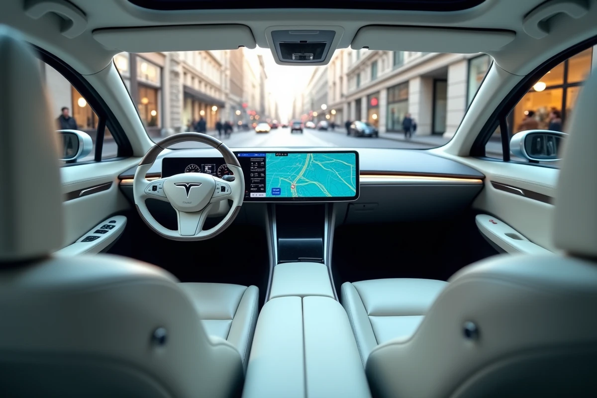 Intérieur d'un véhicule autonome avec console de navigation intelligente et siège conducteur sans intervention humaine