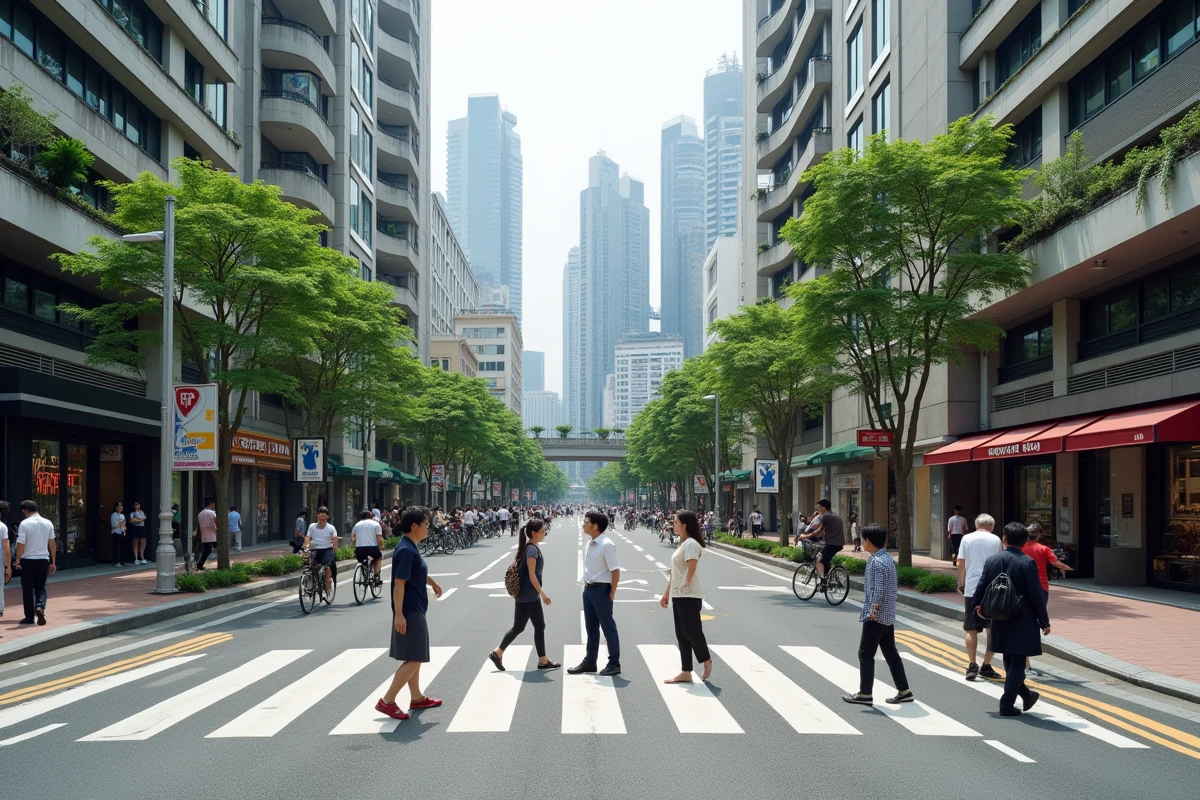 Intersection urbaine animée dans une métropole moderne montrant piétons et infrastructures urbaines planifiées