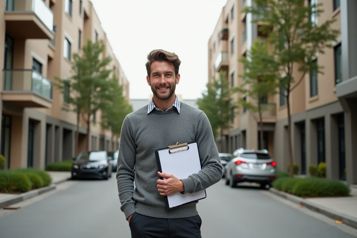 Investisseur immobilier devant un immeuble résidentiel neuf en milieu urbain