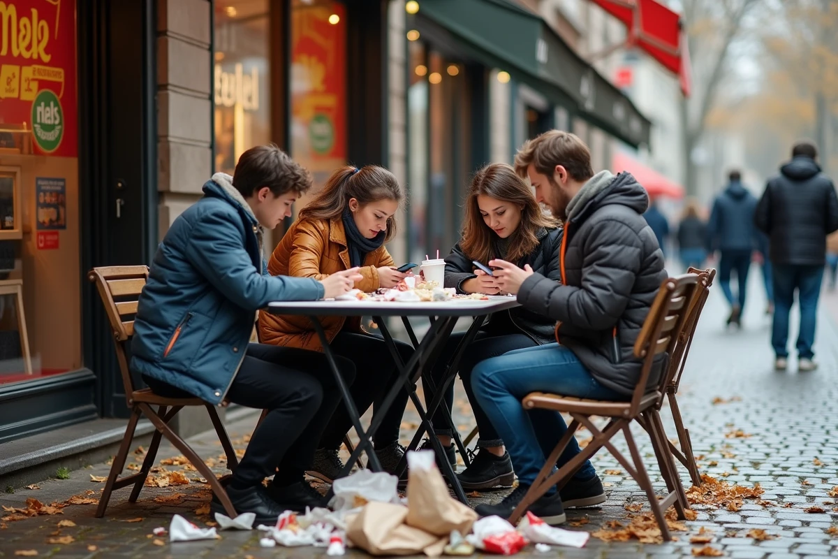 Groupe de jeunes adultes isolés sur leurs téléphones dans un café entouré de déchets d'emballages, symbole de l'isolement social lié à la surconsommation