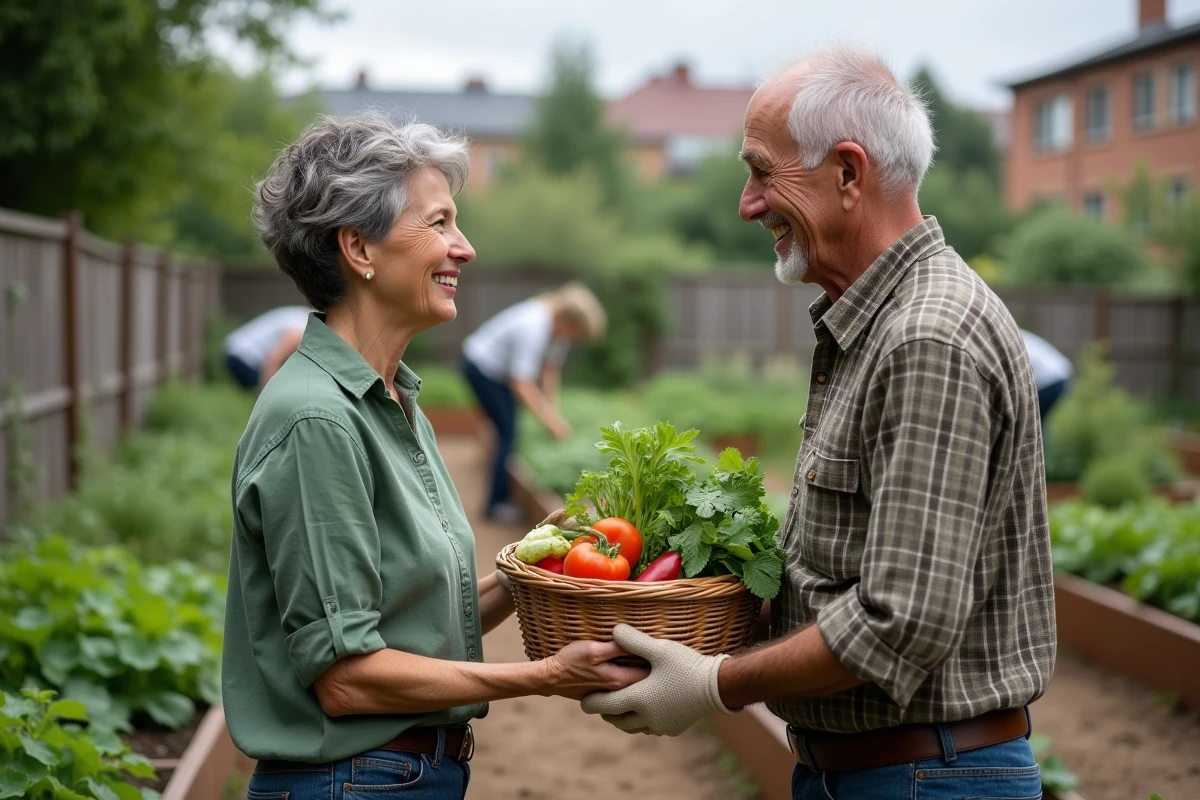 Femme et homme échangeant des légumes dans un jardin communautaire urbain, symbole de solidarité et d'entraide entre voisins