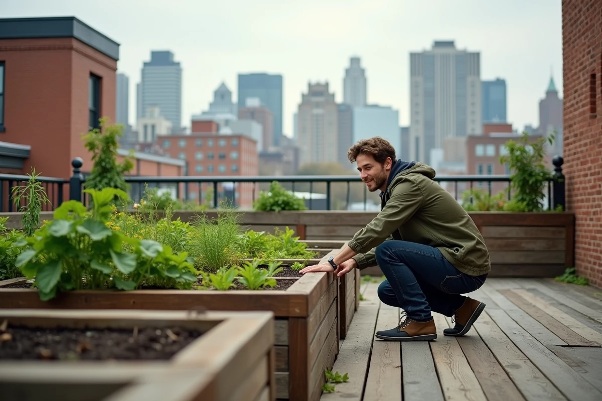 Homme inspectant un jardin potager sur un toit urbain avec vue sur la skyline de la ville, symbole de l'urbanisme durable