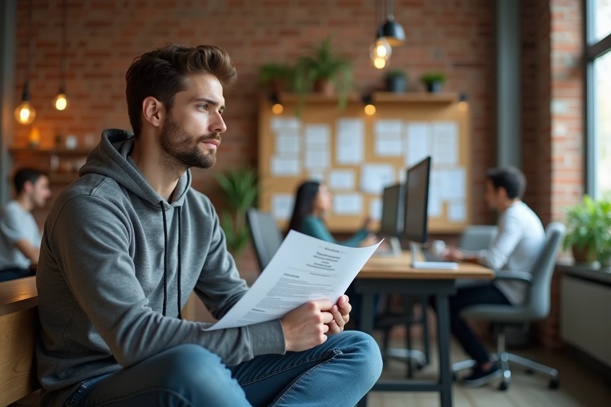 Jeune chercheur d'emploi tenant son CV face à un logiciel de recrutement basé sur l'IA, évoquant la transformation du marché du travail par l'intelligence artificielle