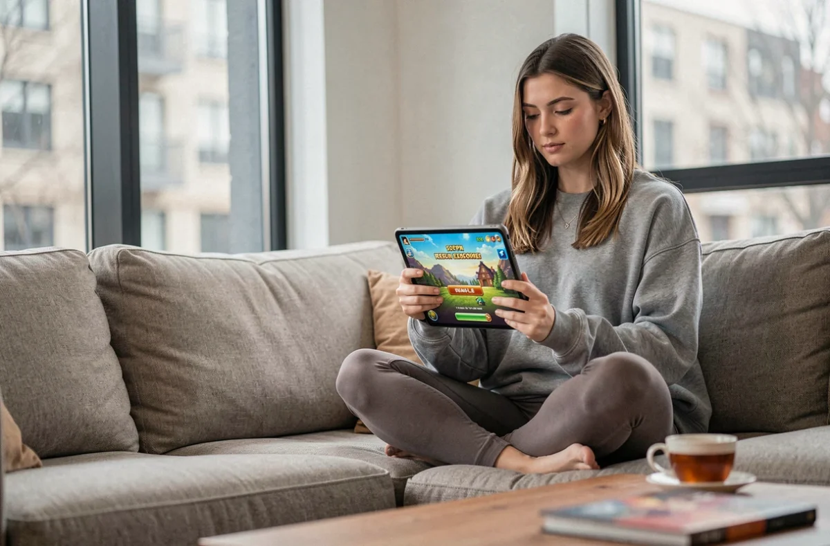 Jeune femme réclamant des cadeaux gratuits Brawl Stars avec un code Supercell Store sur une tablette