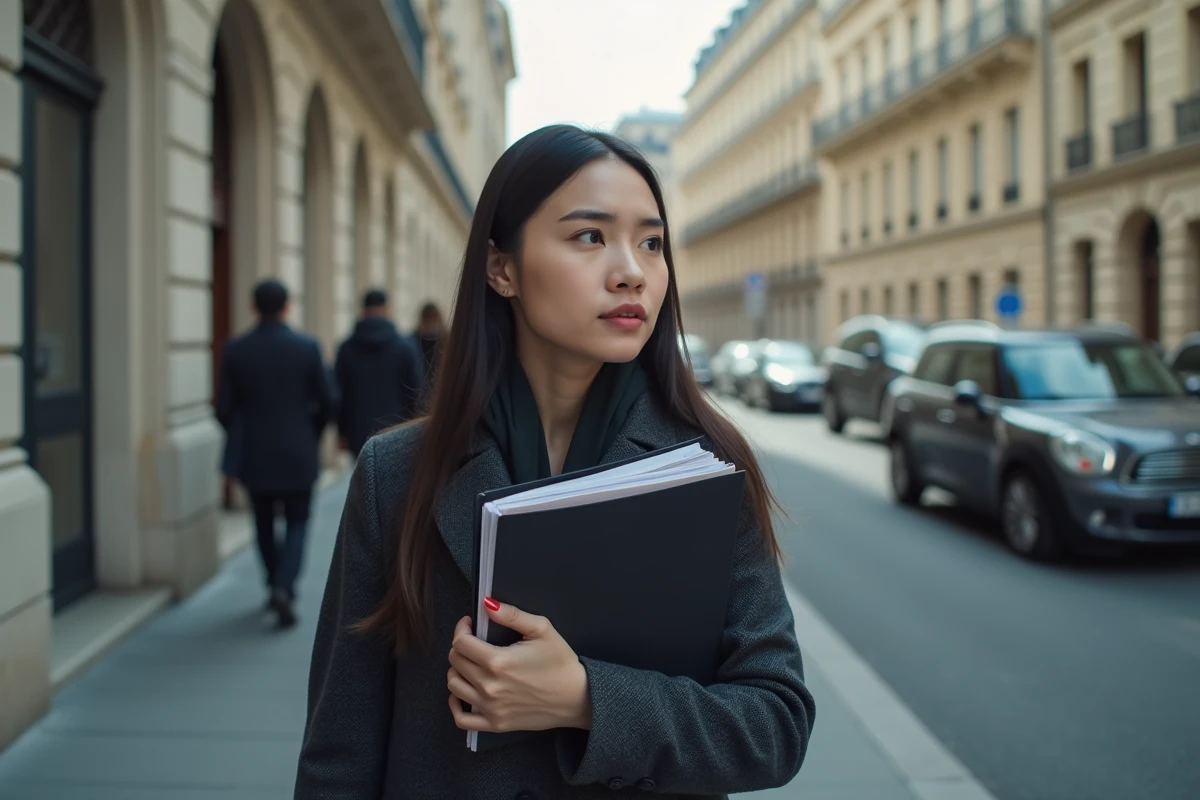 Jeune femme tenant des documents devant un bâtiment administratif français, prête à déposer une plainte pour discrimination