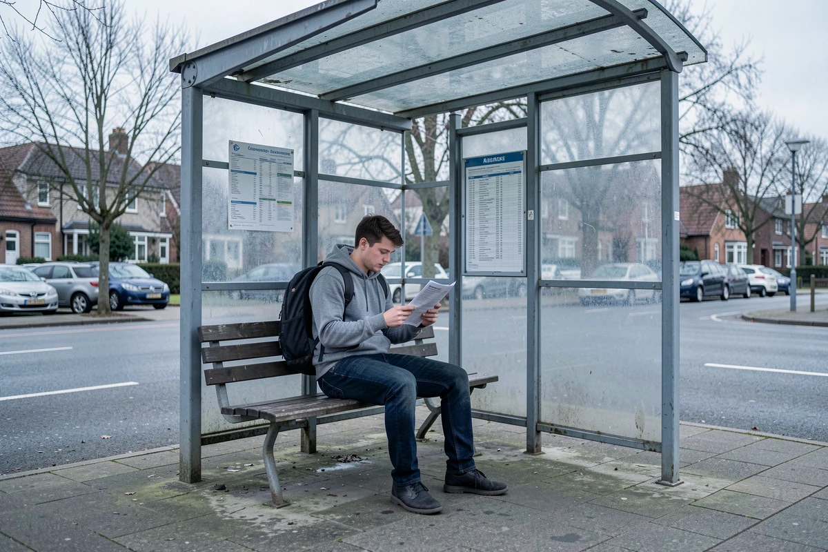 Jeune homme consultant le tableau des horaires de bus 378 assis dans un abribus de banlieue