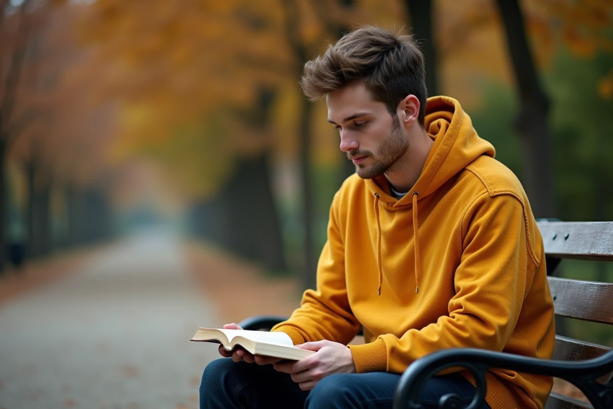 Jeune homme pensif lisant un livre sur un banc de parc en automne, illustrant l'expression de la concentration et de l'introspection