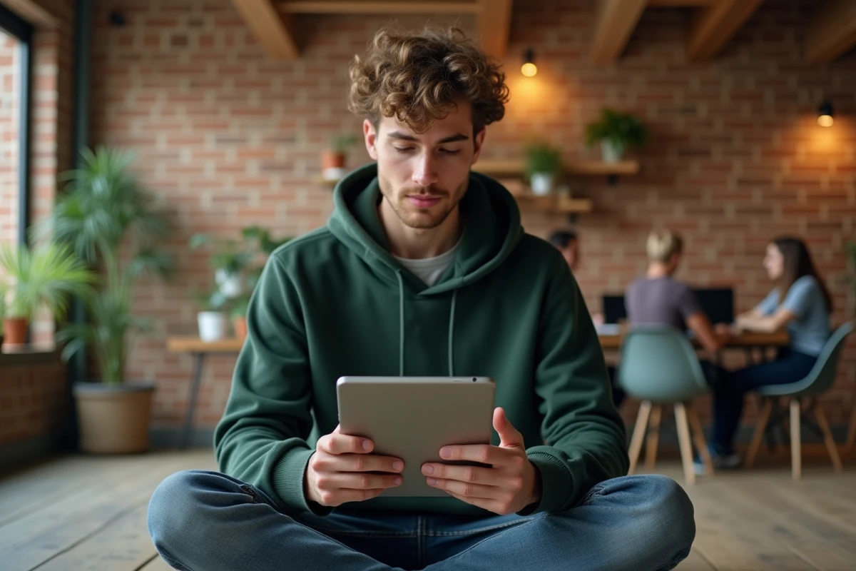 Jeune homme connecté utilisant smartphone et tablette dans un espace de coworking illustrant les usages des TIC au quotidien