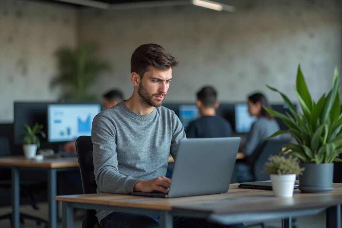 Jeune professionnel consultant des graphiques d'épargne sur ordinateur portable dans un espace de coworking