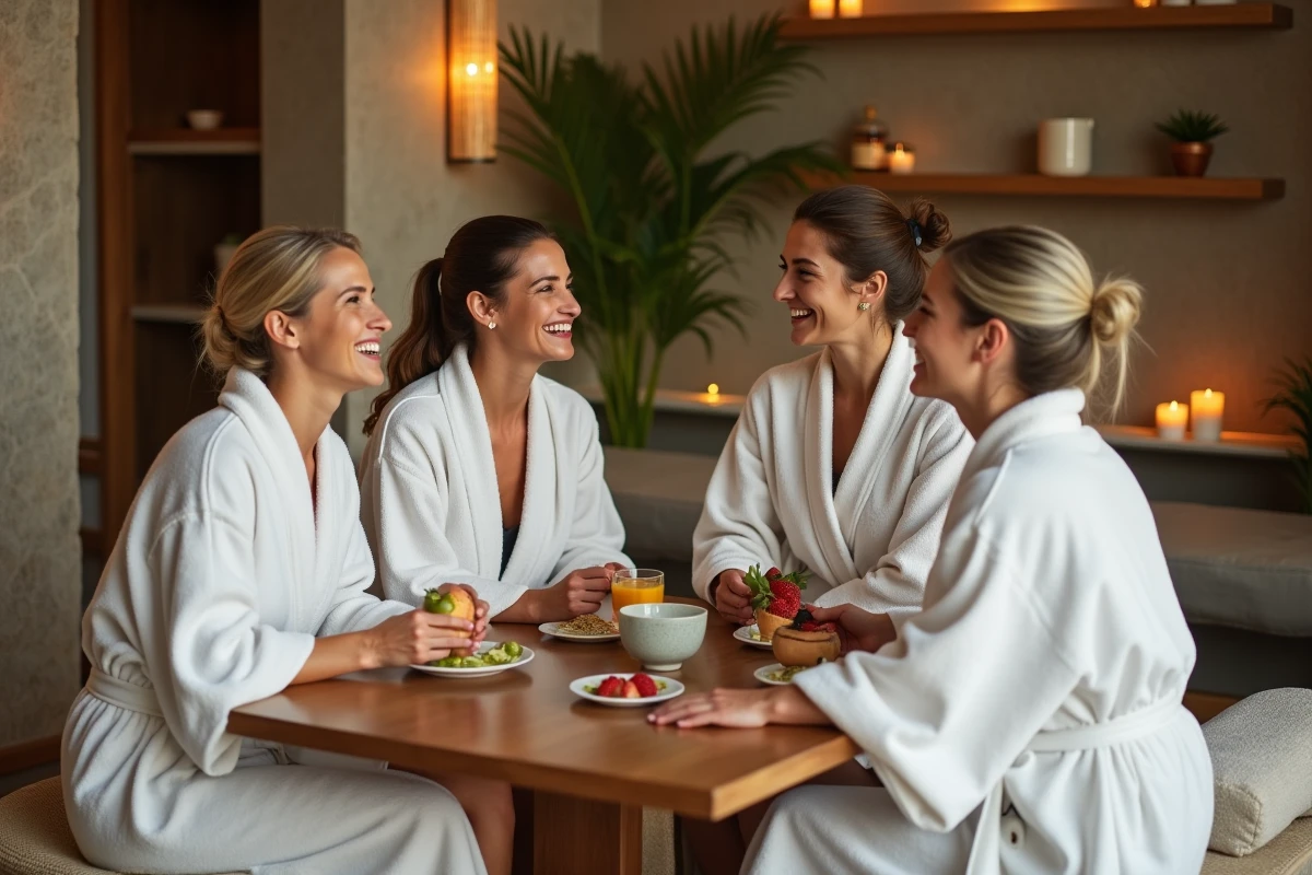 Groupe d'amies profitant d'une journée bien-être au spa avant la fête d'anniversaire du soir