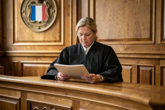 Juge française en robe noire examinant un dossier juridique dans une salle d'audience formelle, illustrant la procédure judiciaire et la décision de débouter une demande