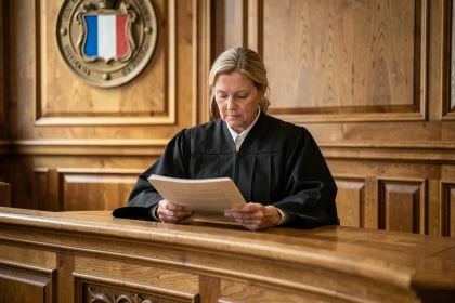 Juge française en robe noire examinant un dossier juridique dans une salle d'audience formelle, illustrant la procédure judiciaire et la décision de débouter une demande