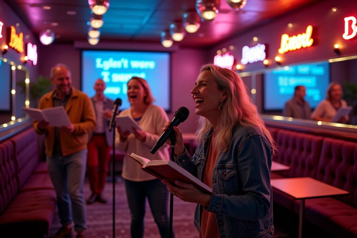Groupe d'amis chantant dans une salle de karaoké privatisée avec blind test musical
