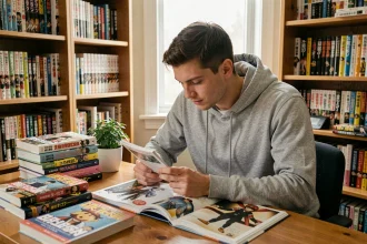 Jeune homme lisant des manhwas et mangas à son bureau encombré de volumes graphiques dans un coin lecture cosy