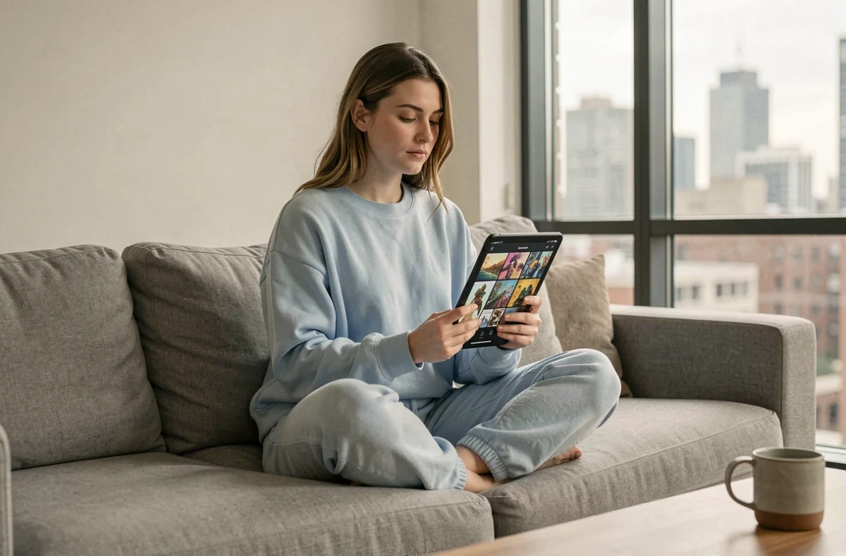 Jeune femme lisant un manhwa numérique sur tablette dans un appartement moderne avec vue sur la ville