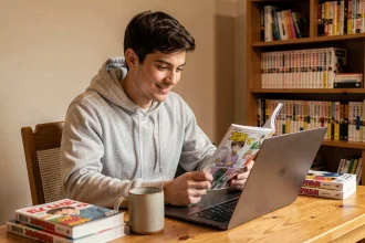 Jeune homme lisant des scans de manga en français sur son ordinateur portable dans un bureau cosy entouré de volumes manga