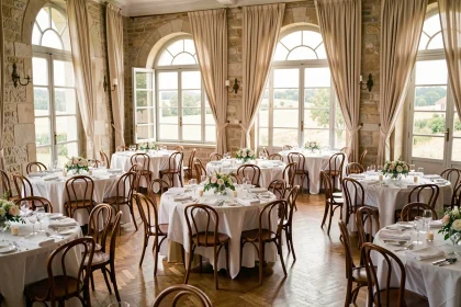 Salle de réception élégante dans le Rhône avec tables rondes dressées et fenêtres en arche