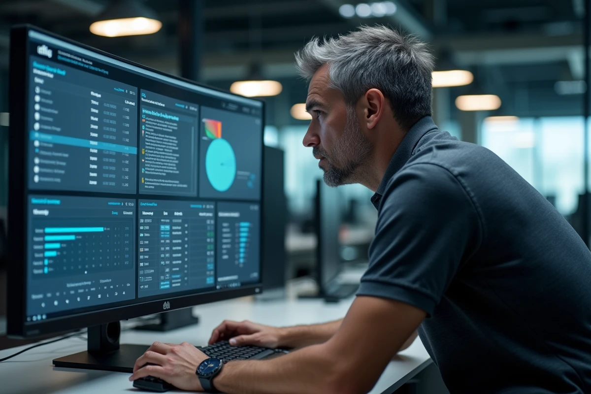 Professionnel informatique analysant les données de surveillance des employés à distance sur un logiciel de monitoring en entreprise