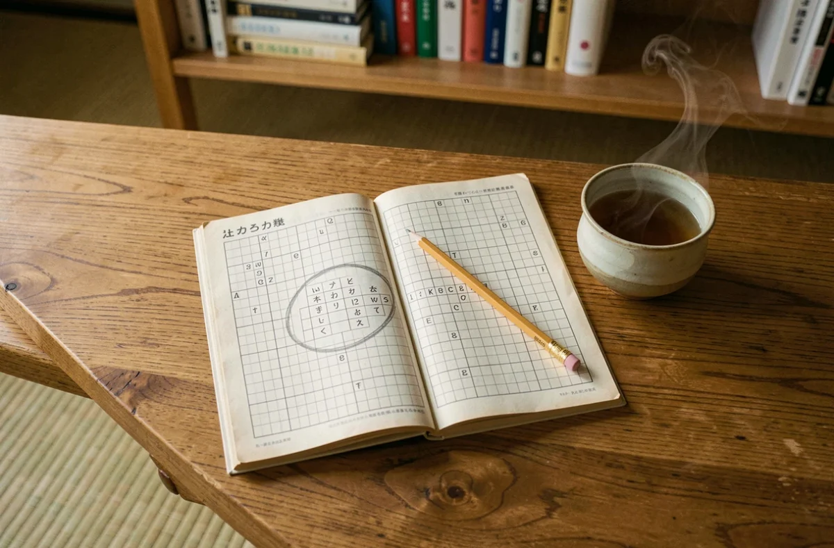 Magazine de mots croisés japonais ouvert sur un bureau en bois avec une grille de trois lettres et une tasse de thé