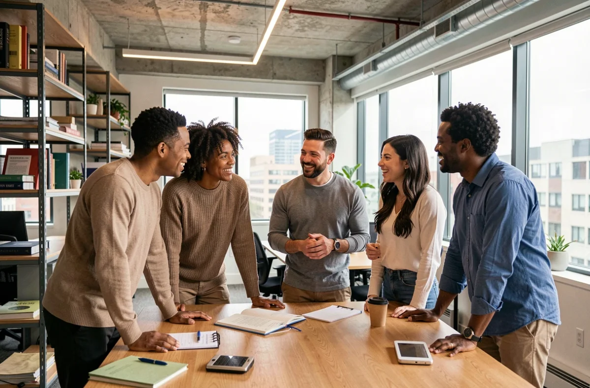 Une équipe diverse maintient des relations équilibrées dans un bureau moderne lors d'une discussion debout