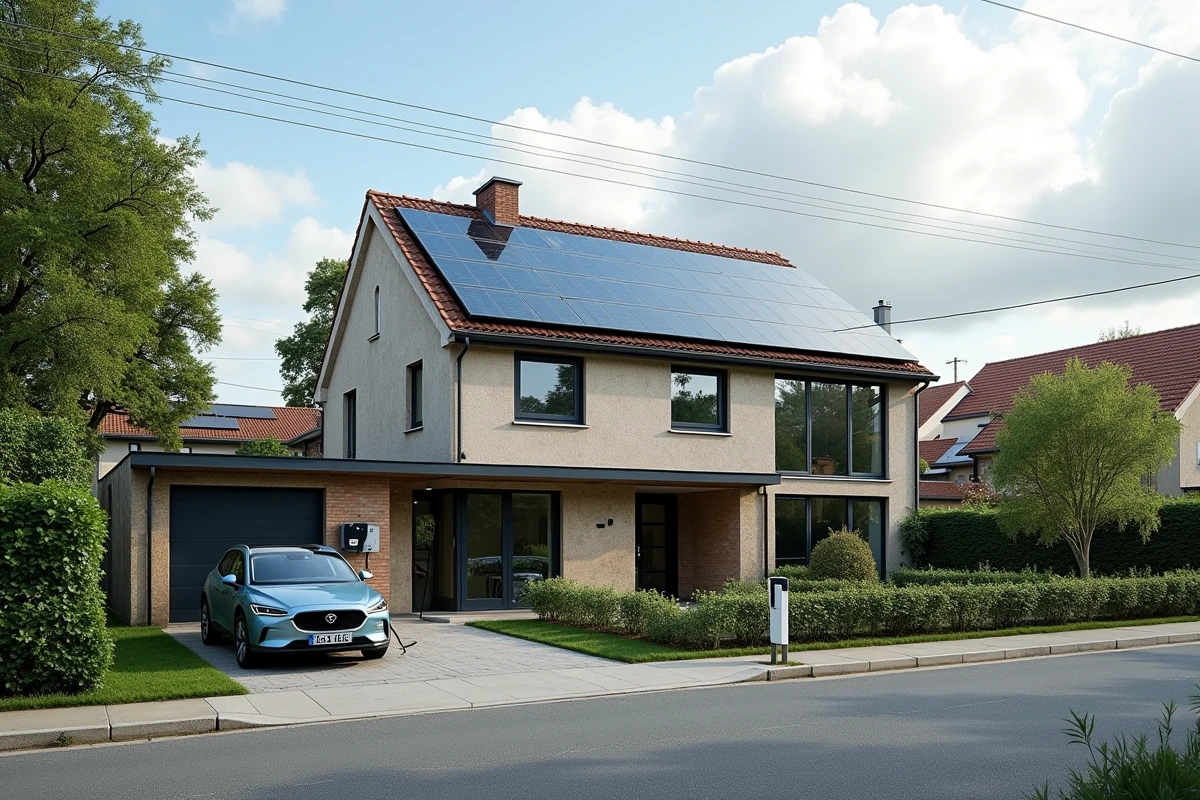 Maison individuelle française équipée de panneaux solaires en toiture intégrés et d'une borne de recharge pour voiture électrique