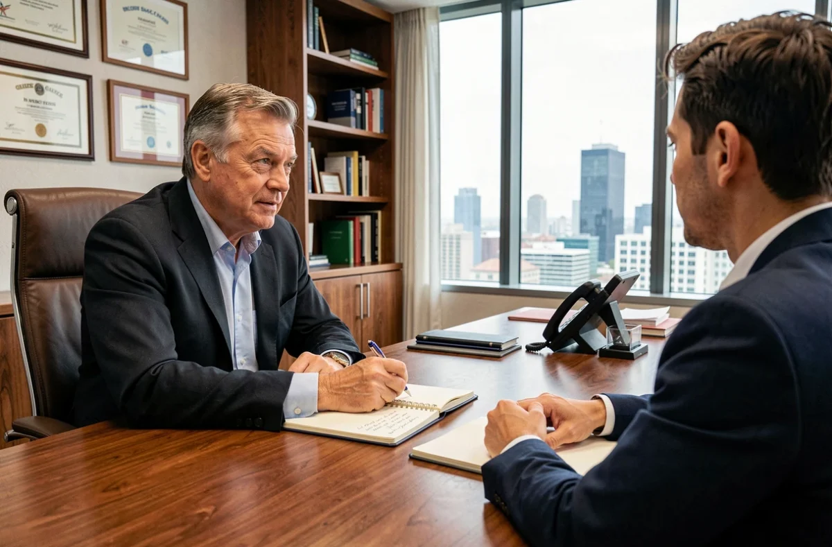 Un manager attentif écoute activement un employé dans son bureau, prenant des notes pendant l'entretien