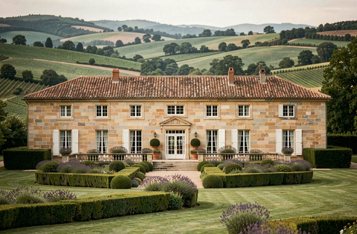 Manoir de la Garde avec terrasse en pierre et jardins à la française dans le Rhône