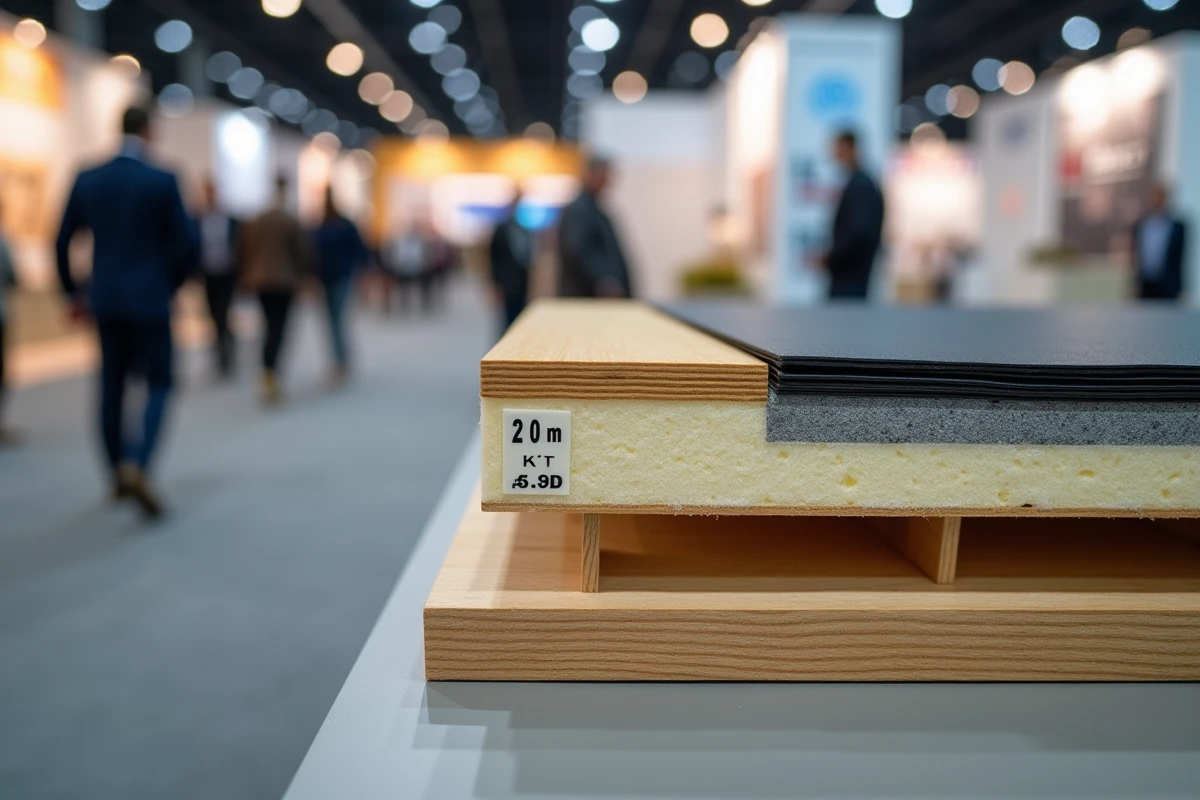 Maquette en coupe d'un toit à faible pente montrant les couches d'isolant et de membrane d'étanchéité avec indication de pente minimale