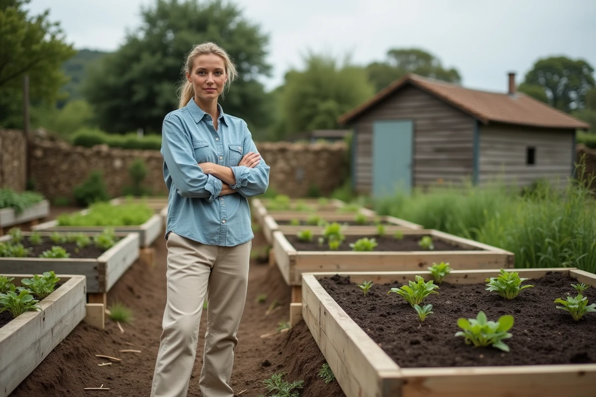 Femme gérant un potager maraîcher sur terrain non constructible avec des bacs de culture en bois