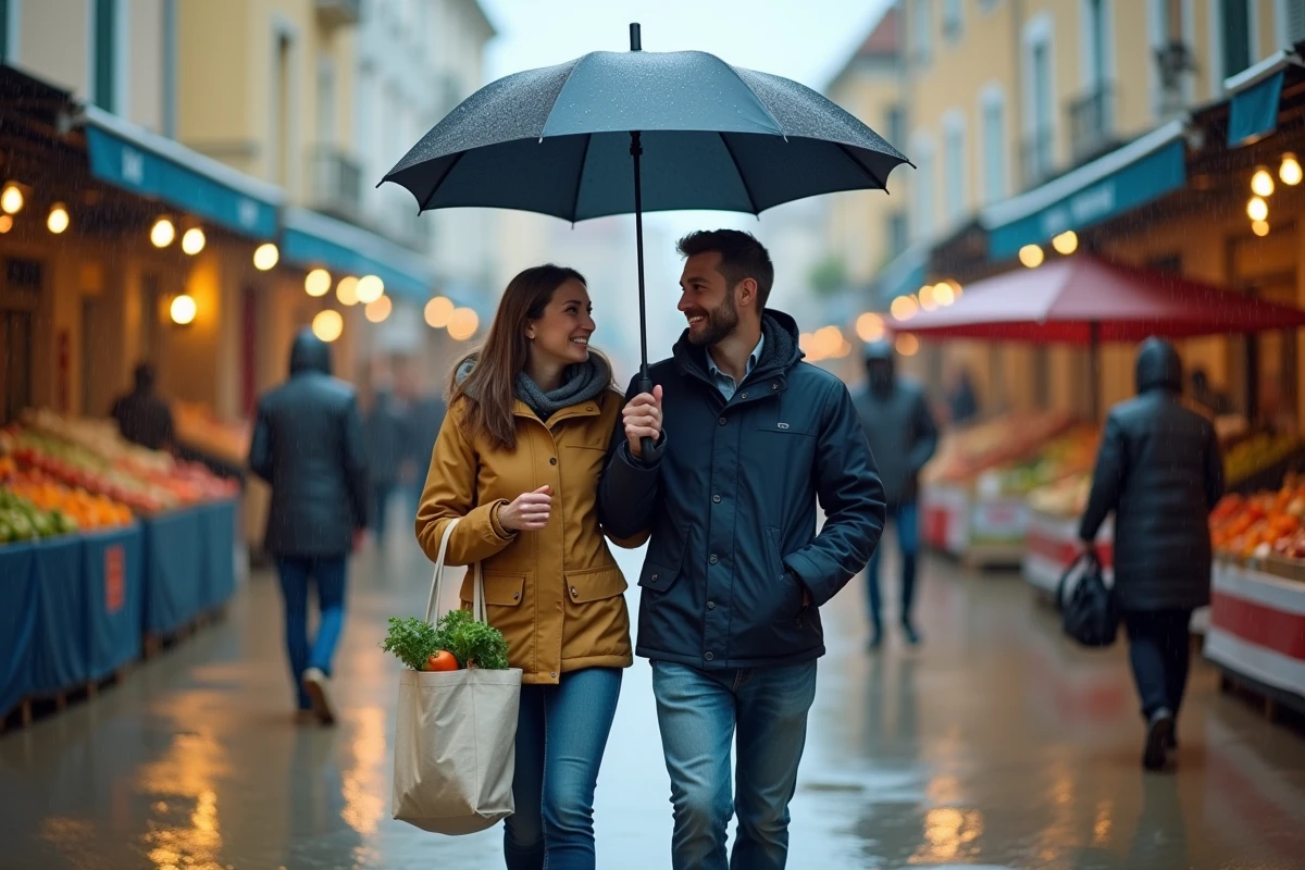 Couple partageant un parapluie en se promenant dans l'allée centrale du marché du Barcarès sous la pluie