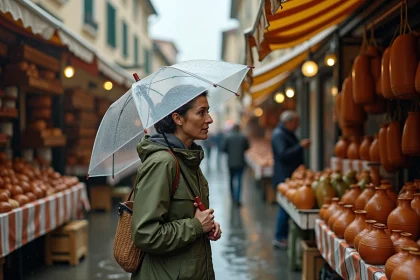 Femme parcourant un marché en plein air sous la pluie au Barcarès, avec un parapluie transparent et des étals de céramiques colorées