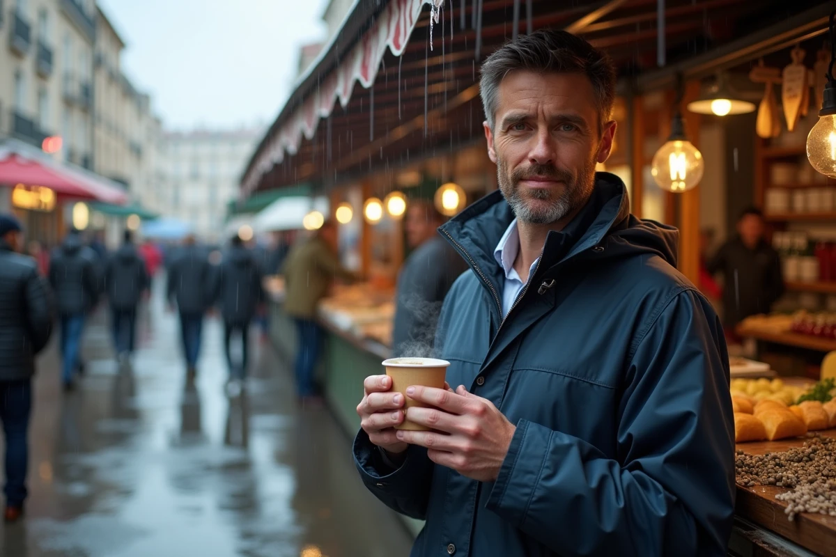 Homme avec un café chaud sous un auvent de marché pluvieux au Barcarès, ruissellement d'eau sur les toits des étals