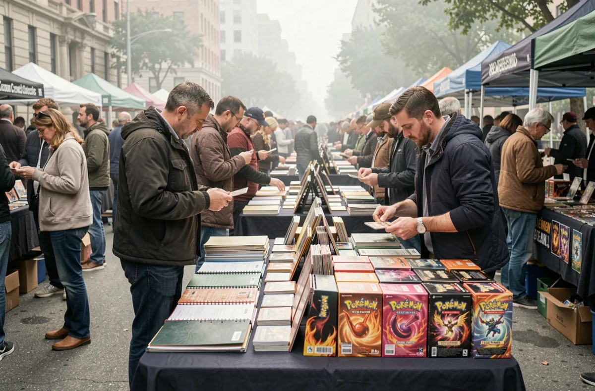 Stand de marché aux cartes Pokémon Méga Évolution avec acheteurs comparant les prix en plein air