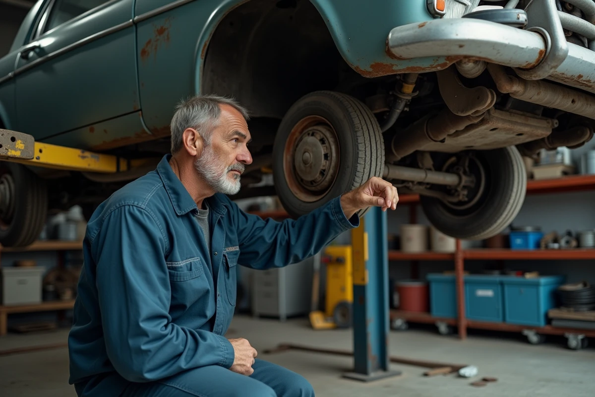 Mécanicien inspectant le dessous d'une vieille voiture très kilométrée dans un garage automobile, montrant l'usure des composants mécaniques