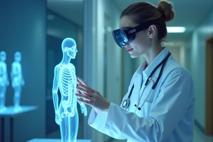 Médecin utilisant des lunettes de réalité augmentée et une projection holographique du corps humain dans un hôpital futuriste