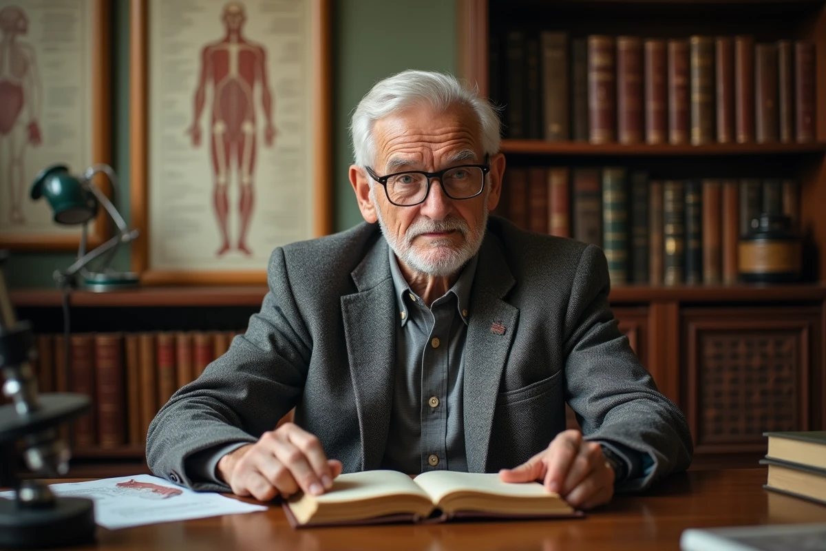 Médecin âgé consultant un journal médical historique dans son cabinet, évoquant l'histoire des découvertes médicales