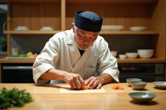 Chef japonais expérimenté préparant du nigiri sushi dans un restaurant traditionnel de Tokyo
