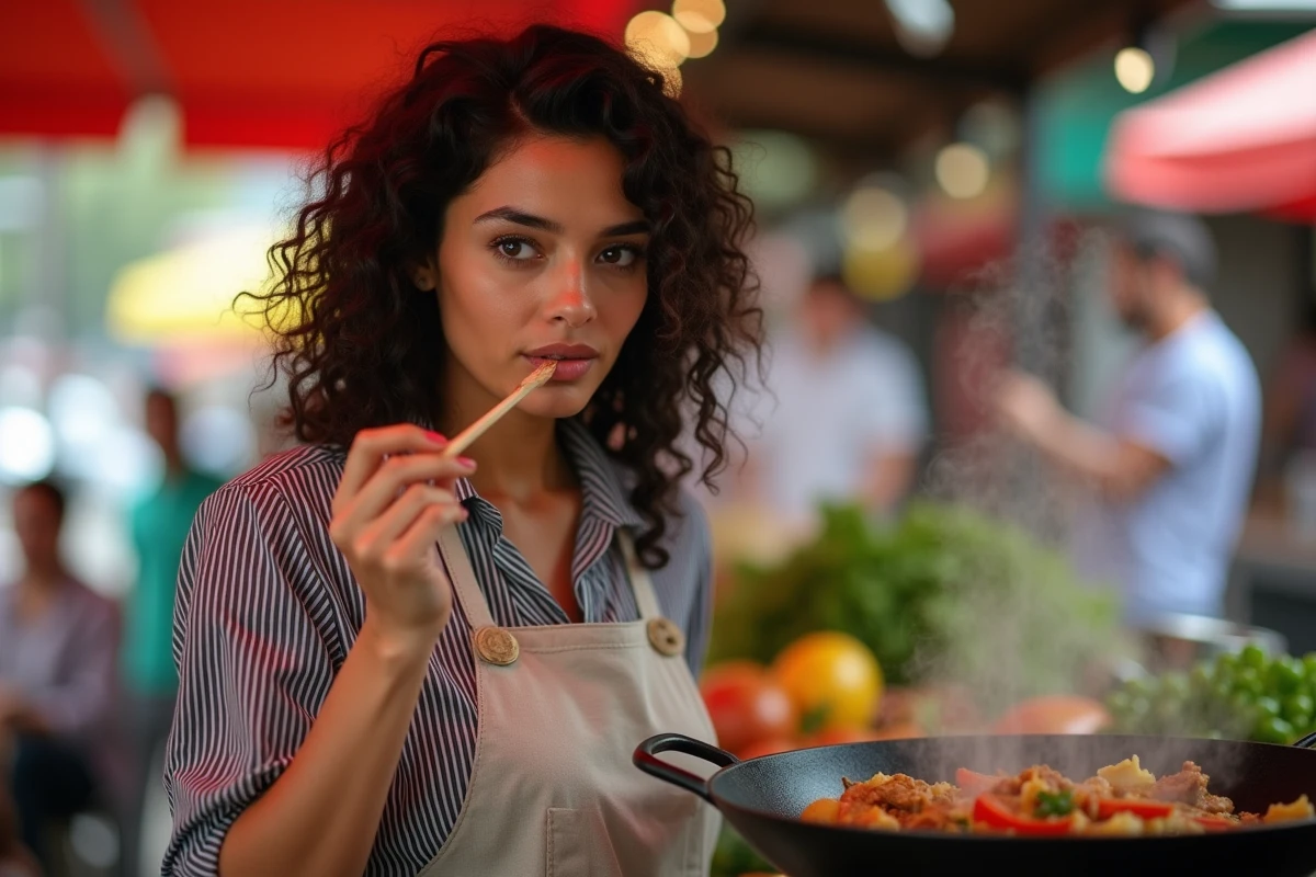 Jeune femme cuisinant un lomo saltado péruvien dans une cuisine de marché en plein air en Amérique latine