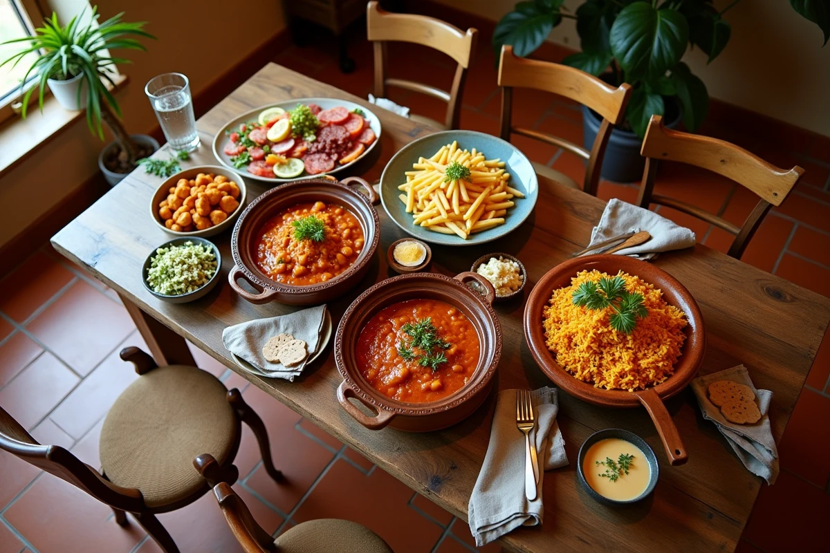 Table dressée avec des plats emblématiques de cuisines du monde entier dans une salle à manger méditerranéenne