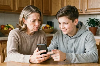 Mère et fils adolescent regardant un smartphone ensemble à la cuisine, la mère cherchant à comprendre le langage jeune de son enfant
