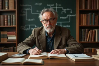 Professeur de philosophie assis à son bureau étudiant la méthode phénoménologique de Husserl entouré de livres et de notes manuscrites