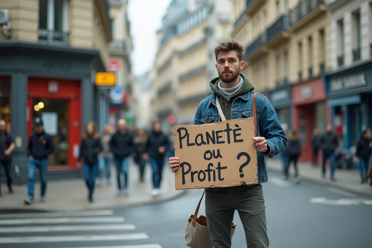 Jeune militant urbain tenant une pancarte questionnant les priorités économiques face au développement durable
