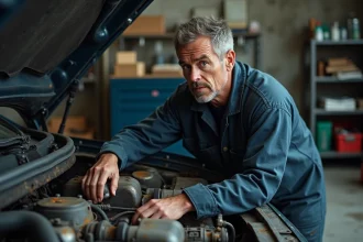 Mécanicien inspectant un moteur usé et corrodé dans un atelier automobile