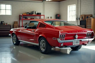 Mustang 1967 classique rouge en parfait état dans un garage de collection privé