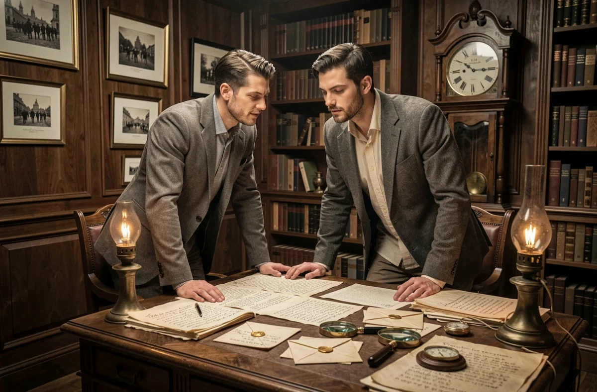 Joueurs résolvant des énigmes style détective victorien à Mystery O'Clock Brest, avec cadenas et documents codés sur un bureau ancien