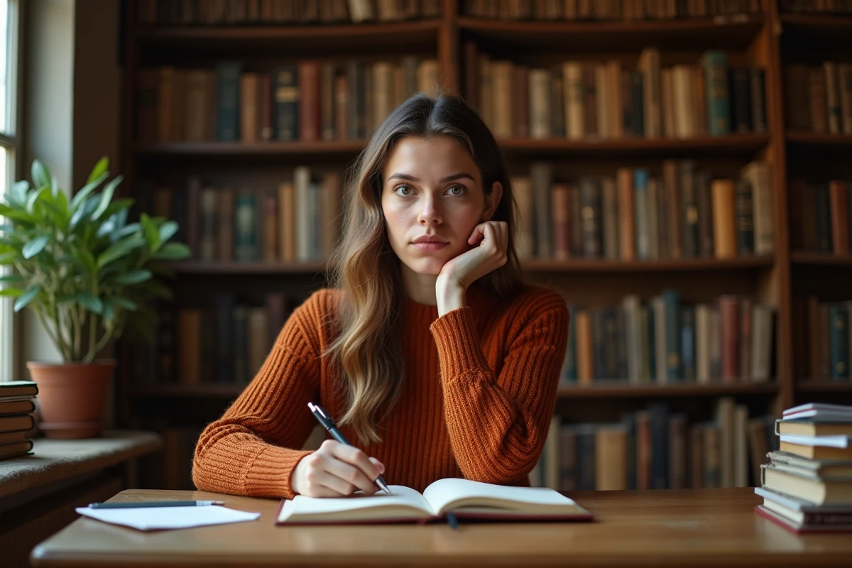 Femme écrivant dans un journal intime dans une bibliothèque chaleureuse, représentant la réflexion intérieure et les niveaux de conscience