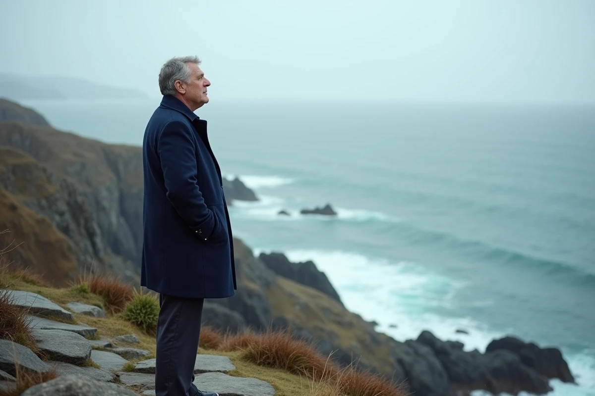 Homme contemplatif face à l'océan sur une falaise rocheuse, symbolisant la prise de conscience et les états de conscience