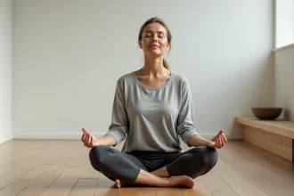 Femme en méditation profonde sur un plancher en bois dans une pièce minimaliste, illustrant les niveaux de conscience