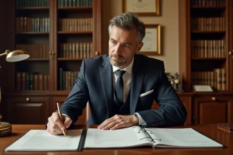 Notaire en costume marine assis à son bureau en chêne révisant un dossier immobilier pour une transaction à 200 000 euros